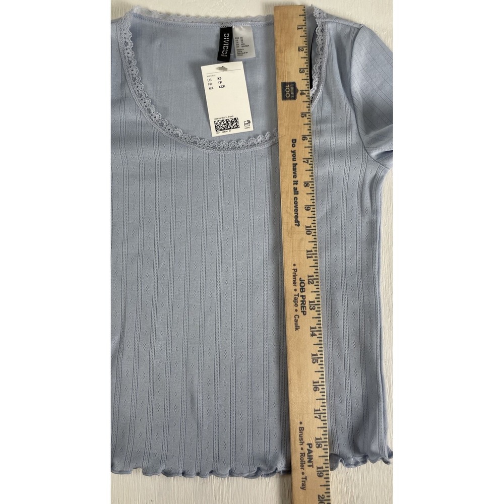 NEW H&M‎ Divided LACE-TRIMMED POINTELLE T-SHIRT Light Baby Blue Women's XS - Picture 6 of 13